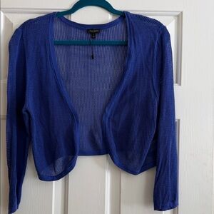 Talbots blue open-knit cropped cardigan sweater.
